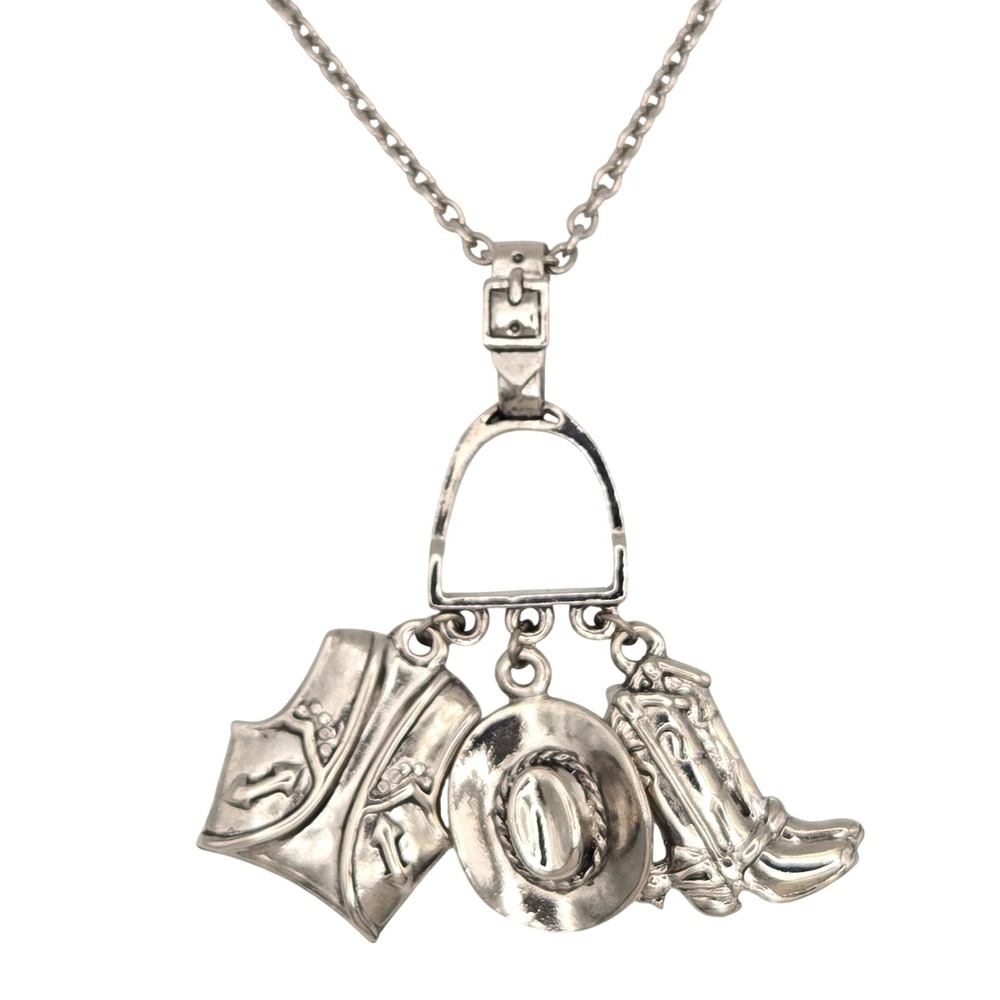 AVON Western‎ Charm Necklace Silver Tone Stirrup Cowboy Hat Boot Vest Pendant
